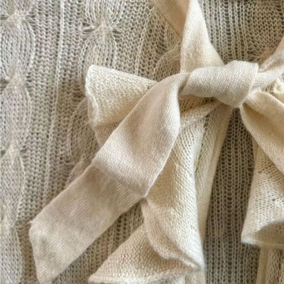 Ralph Lauren Ruffle Creamy Tie Neck Sheer Cable Knit Linen Alpaca S/S Sweater - Picture 2 of 8